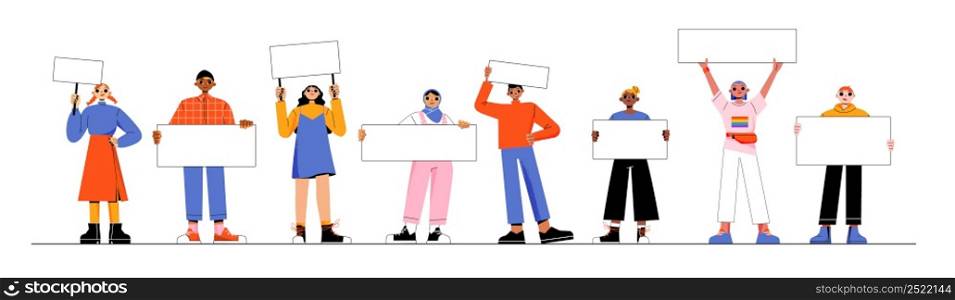 Different people with white banners and placards. Vector flat illustration of multiracial and multicultural group of characters with blank posters. African american, arab girls and men, lgbt person. Different people with white banners and placards
