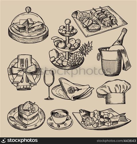 Different pictures for restaurant menu in retro style. Vector hand drawn illustrations. Restaurant vintage drawing food. Different pictures for restaurant menu in retro style. Vector hand drawn illustrations