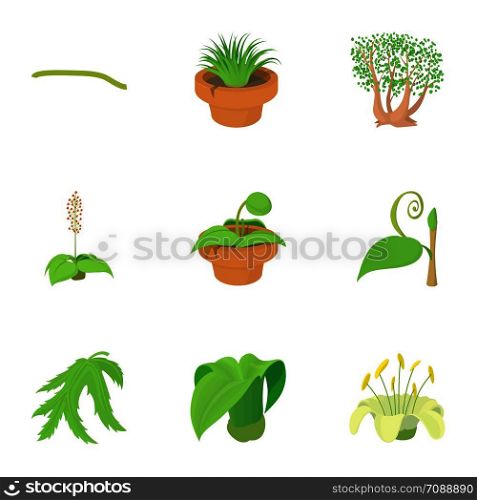 Different plants icons set. Cartoon set of 9 different plants vector icons for web isolated on white background. Different plants icons set, cartoon style
