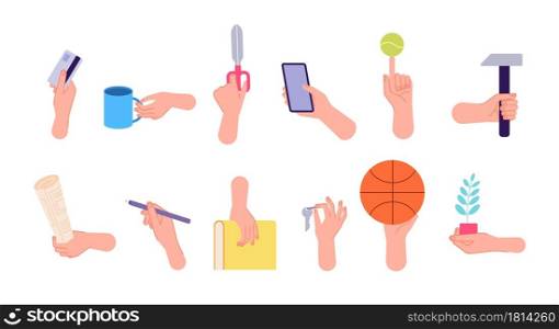 Different poses hands. Isolated gestures, arm holding pencil book key cup. Flat finger wrist positions, man hold credit card utter vector set. Illustration hand holding device and taking object. Different poses hands. Isolated gestures, arm holding pencil book key cup. Flat finger wrist positions, man hold credit card utter vector set