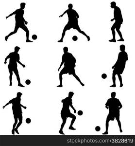 Different poses silhouettes of soccer players with the ball. Vector illustration.
