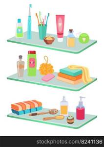 Different products for personal hygiene vector illustrations set. Household supplies for toilet or bathroom, beauty products, sh&oo bottle, soap, micellar water. Toiletry, hygiene, health concept