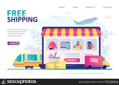 Different products with free shipping. App with various assortment of goods on laptop screen. Transport for worldwide delivery. Fast delivery service concept. Landing page template.Vector illustration. Different products with free shipping. App with various assortment of goods on laptop screen. Transport for worldwide delivery