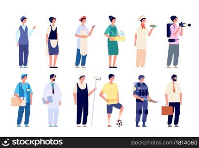 Different professionals. Group workers, employees in uniform. Business people career in diverse industries vector characters. Occupation professional character, labor worker career illustration. Different professionals. Group workers, professional employees in uniform. Business people career in diverse industries vector characters