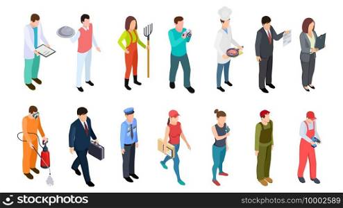 Different professions. Isometric professionals vector collection. 3D people doctor policeman businessman builder military waiter cook. Professional isometric character collection, job illustration. Different professions. Isometric professionals vector collection. 3D people doctor policeman businessman builder military waiter cook