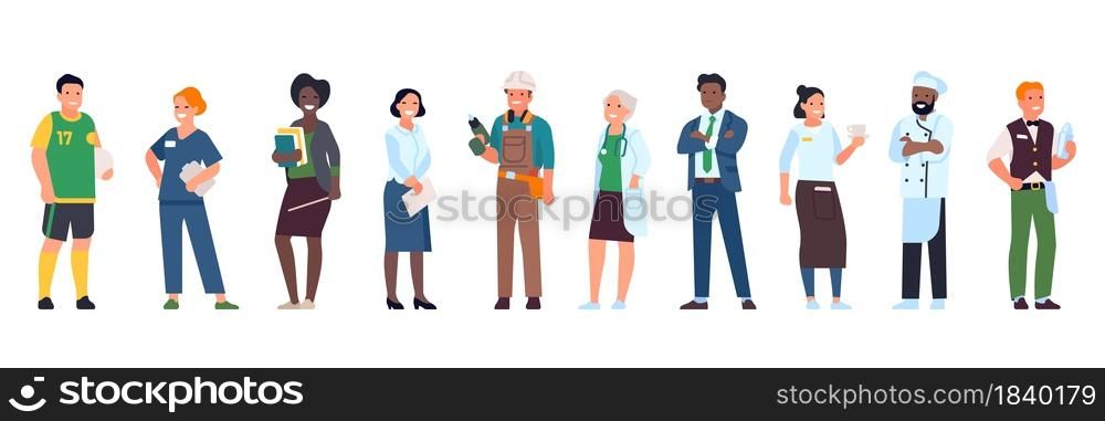Different professions people. Job variations, men and women characters in uniform, teacher, doctor, carpenter and businessman employment vector set. Different professions people. Job variations, men and women characters in uniform, teacher, doctor, carpenter and businessman, vector set