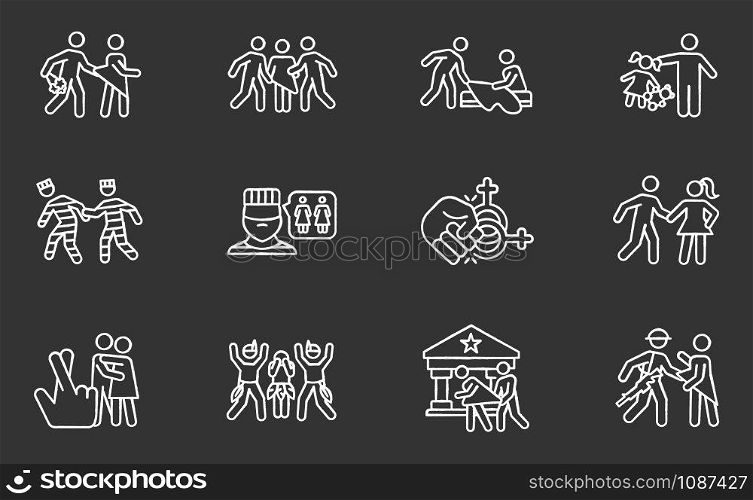 Different rape types chalk icons set. Date, statutory, children and spousal rape. Abuse of women in prison. Sexual harassment and assault of females. Isolated vector chalkboard illustrations