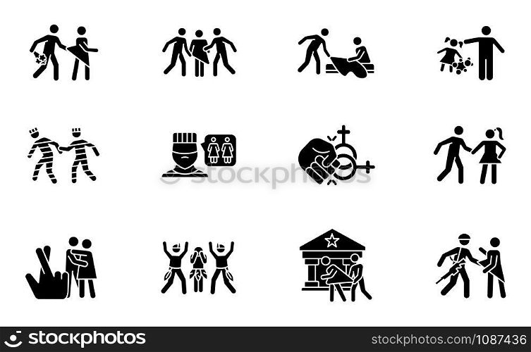 Different rape types glyph icons set. Date, statutory, children and spousal rape. Abuse of women in prison. Sexual harassment and assault of females. Silhouette symbols. Vector isolated illustration