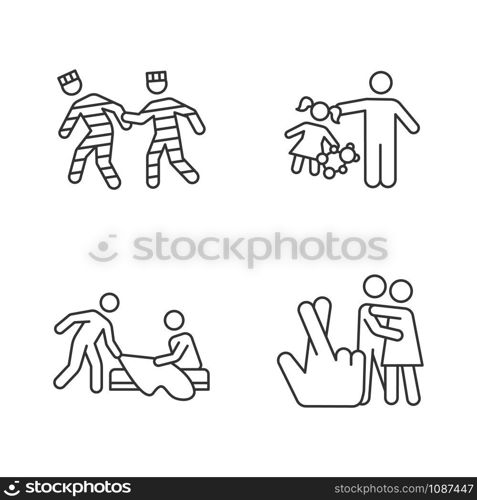 Different rape types linear icons set. Prison, statutory, children, spousal rape. Sexual harassment. Sexual assault. Thin line contour symbols. Isolated vector outline illustrations. Editable stroke