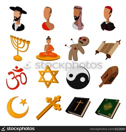 Different religions cartoon icons set isolated on white background. Different religions cartoon icons set