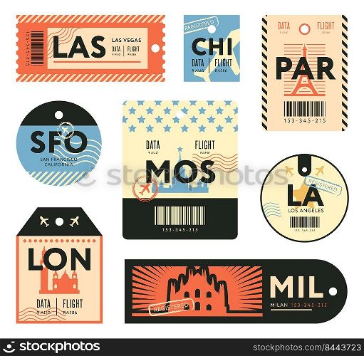 Different retro tickets for travelers flat st&s set. Colorful baggage tags and luggage airplane stickers vector illustration collection. Trip and design template concept