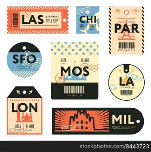 Different retro tickets for travelers flat st&s set. Colorful baggage tags and luggage airplane stickers vector illustration collection. Trip and design template concept