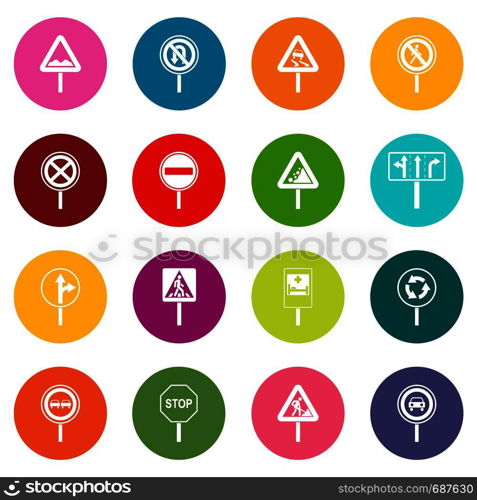 Different road signs icons many colors set isolated on white for digital marketing. Different road signs icons many colors set