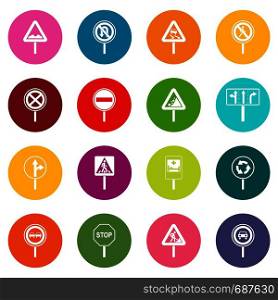Different road signs icons many colors set isolated on white for digital marketing. Different road signs icons many colors set