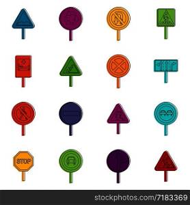 Different road signs icons set. Doodle illustration of vector icons isolated on white background for any web design. Different road signs icons doodle set