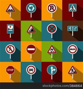 Different road signs icons set. Flat illustration of 16 different road signs vector icons for web. Different road signs icons set, flat style