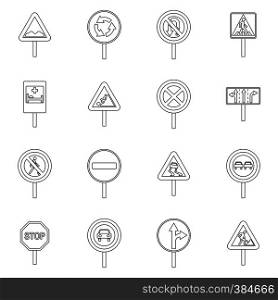 Different road signs icons set. Outline illustration of 16 different road signs vector icons for web. Different road signs icons set, outline style