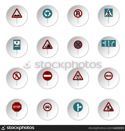 Different road signs set icons in flat style isolated on white background. Different road signs set flat icons