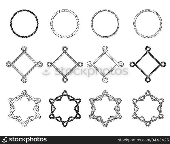 Different rope frames flat icon set. Decorative vintage Round and square cordage knot stamp vector illustration collection. Design and decoration concept