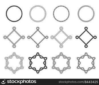 Different rope frames flat icon set. Decorative vintage Round and square cordage knot stamp vector illustration collection. Design and decoration concept