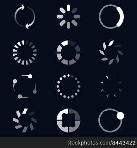 Different round loaders flat icon set. White upload website symbols on black background vector illustration collection. Technology and user interface concept