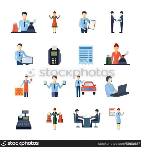 Different Salesmen Icons Set. Salesman shopman realtor and other sellers figures icons set flat isolated vector illustration