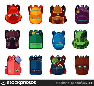 Different schoolbags in cartoon style isolate on white background. Vector colored backpack for student school education illustrations. Different schoolbags in cartoon style isolate on white background. Vector education illustrations