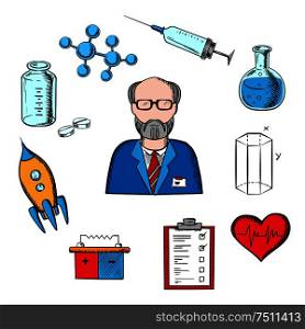 Different sciences and research concept with silhouette of a scientist surrounded by medical, biology, space, mechanic, geometry and scientific icons. Different sciences and research icons