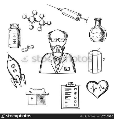 Different sciences sketch icons with scientist silhouette surrounded by medical, biology, space, mechanic, geometry and scientific icons. Vector illustration. Scientist and science research sketch icons