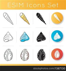 Different sea shells icons set. Linear, black and RGB color styles. Seashells collection, conchology. Spiral auger conch, cowrie and top shells vector isolated illustrations. Different sea shells icons set