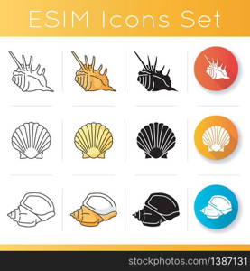 Different seashells icons set. Linear, black and RGB color styles. Exotic sea shells, conchology. Triton trumpet, scallop and spiked shell vector isolated illustrations. Different seashells icons set
