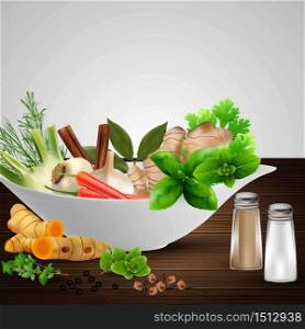 Different seasonings, condiment and spices with plates.Vector illustration