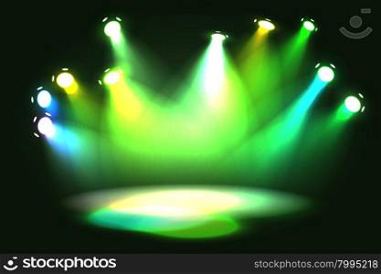 Different shades of green spotlight projecting on empty stage