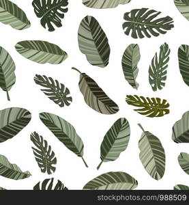 Different shades of green tropical leaves Eps 10 vector pattern isolated on white. Monstera and banana palm leaf seamless background. For textile, fabric, Fashion, interior, wrapping, packaging suitab. Shades of green tropical leaves vector pattern