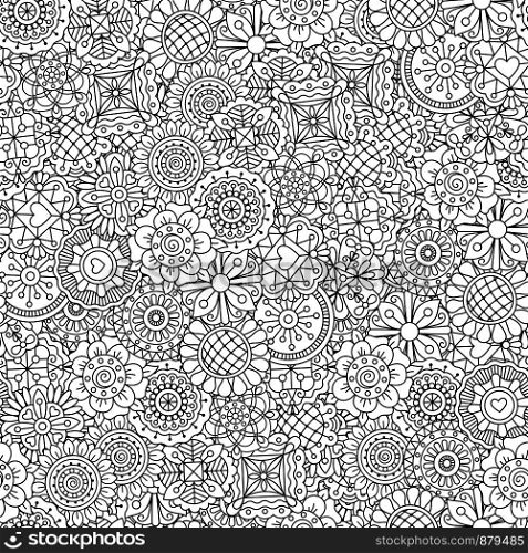 Different shape ornamental flowers pattern. Outline decorative black and white adult floral coloring background. Vector illustration. Line ornamental flowers pattern