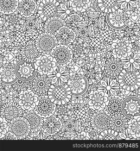 Different shape ornamental flowers pattern. Outline decorative black and white adult floral coloring background. Vector illustration. Line ornamental flowers pattern