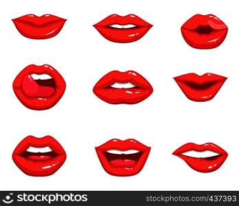 Different shapes of female sexy red lips. Vector illustrations in cartoon style. Sexy lips makeup, kiss mouth. Different shapes of female sexy red lips. Vector illustrations in cartoon style