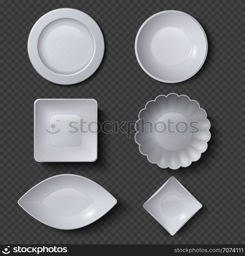 Different shapes of realistic food plates, dishes and bowls vector set. Plate dish for restaurant, empty utensil and dishware illustration. Different shapes of realistic food plates, dishes and bowls vector set