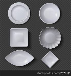 Different shapes of realistic food plates, dishes and bowls vector set. Plate dish for restaurant, empty utensil and dishware illustration. Different shapes of realistic food plates, dishes and bowls vector set
