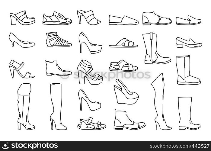 Different shoes for men and women. Vector illustrations in linear style. Footwear fashion man and woman, shoes and sneaker line illustration. Different shoes for men and women. Vector illustrations in linear style