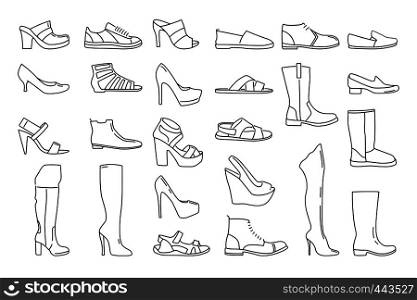 Different shoes for men and women. Vector illustrations in linear style. Footwear fashion man and woman, shoes and sneaker line illustration. Different shoes for men and women. Vector illustrations in linear style
