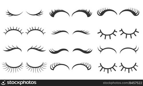 Different simple styles of eyelashes vector illustrations set. Closed girly eyes, mascara for girls isolated on white background. Beauty, makeup, cosmetology concept