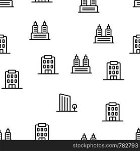 Different Skyscraper Set Seamless Pattern Vector. High House, Office Corporation Skyscraper And Business Center Monochrome Texture Icons. Exterior Commercial Construction Template Flat Illustration. Different Skyscraper Set Seamless Pattern Vector
