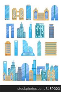 Different skyscrapers vector illustrations set. Collection of high-rise buildings of different shapes, facades of commercial complexes isolated on white background. Big city, architecture concept 