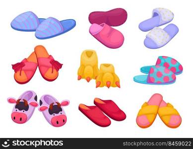 Different slippers for kids and adults vector illustrations set. Comfortable cartoon footwear for house, bedroom or hotel, animal heads, feet isolated on white background. Shoes, home footwear concept