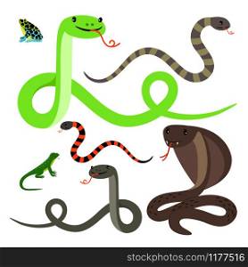 Different snakes and lizard cartoon icons set on white background. Reptiles vector illustration. Snakes and lizard cartoon icons set