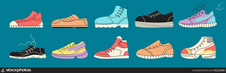 Different sneakers and gumshoes doodle icons. Shoes hand drawn style elements. Flat various trendy sports boots. Decent fashion girl vector collection of footwear fashion and sportswear illustration. Different sneakers and gumshoes doodle icons. Shoes hand drawn style elements. Flat various trendy sports boots. Decent fashion girl vector collection