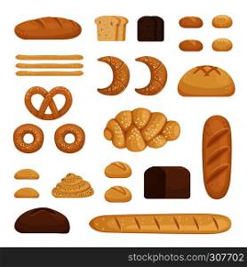 Different sorts of bread. Vector pictures of bakery food. Fresh different snack bread lunch illustration. Different sorts of bread. Vector pictures of bakery food
