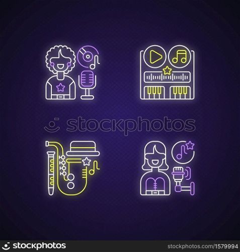 Different soundtrack genres neon light icons set. Soul music library. Jazz band instruments with classic hats. Pop singer. Signs with outer glowing effect. Vector isolated RGB color illustrations. Different soundtrack genres neon light icons set