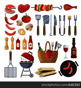Different special tools and food for barbecue party. Grilled vegetables, meat, steak and sausage. Bbq grill and food grilled, tools and vegetables illustration. Different special tools and food for barbecue party. Grilled vegetables, meat, steak and sausage